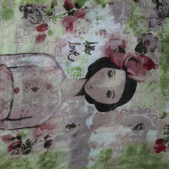 NWOT Kelly Rae Roberts Green and Pink 70"x24" Floral Scarf - Picture 2 of 6